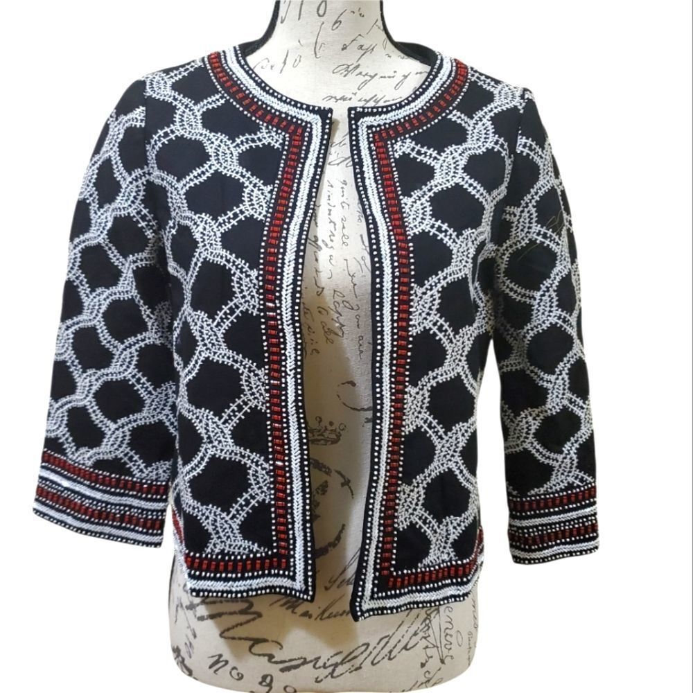 L'Agence Ladies Size XS Black & Red Embroidered Beaded Cropped Jacket